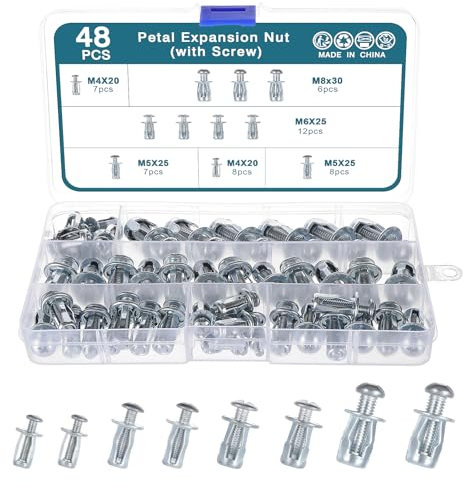 HSEAMALL Set di 48 dadi di espansione Petal con viti, M4 x 20, M5 x 25, M6 x 25, M8 x 30 Jack Nuts Petal Nuts Set di viti di espansione, dado di espansione, tasselli per cavità (HSEAMALL, 48 pezzi