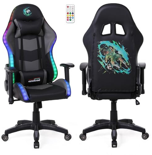 Amstrad Fauteuil Gaming Elite-LED-Soccer - Noir et Gris - Eclairage LED 576 Effets - Télécommande - Accoudoir 2D