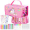 HappyGoLucky Einhorn Mädchen Geschenk 3-10 Jahre – Malset für Kinder Wasserfarbkasten Marker Set – Federmäppchen Mädchen mit 48 Stifte & 6 Stickerkarten - Wasserdicht & Leicht zu Reinigen (Einhorn)