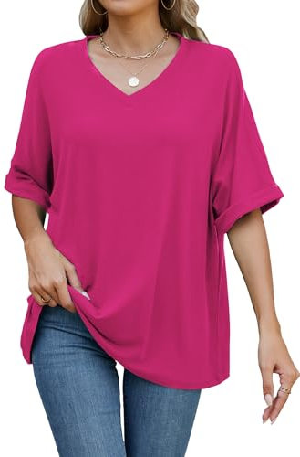 Famulily Women's Summer Casual Short Sleeve T Shirt Ladies Basic Solid Color Tunic Tops V Neck Tshirts (L, Hot Pink)