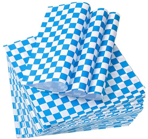 sourcing map 200 Pcs Wax Paper Sheets for Food, 7 x 7 Inch Wrapping Paper Sheets, Pack Checkered Food Basket Liners, Grease Resistant Sandwich Baking Paper, Blue