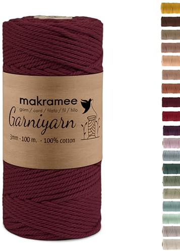 GARNIYARN Makramee Garn, Burgundy, 3mm x 100m