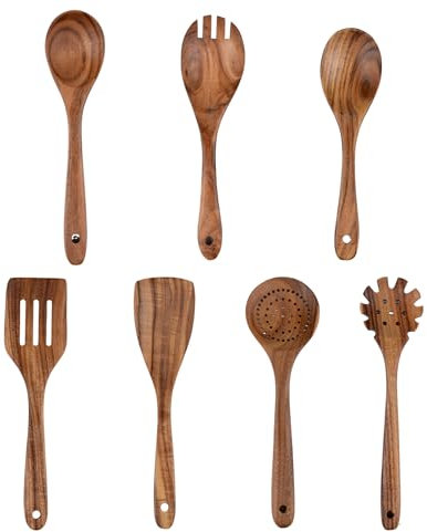 7 pcs Wooden Spoons for Cooking, Long Handle Teak Wooden Spoons,Wooden Kitchen Utensil Set
