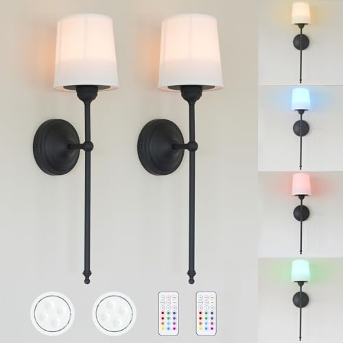 HEQIQEH Set of 2 Vintage Battery Operated Wall Lights Sconce Fixture with Remote Control, Flared Funnel Linen Fabric Shade Dimmable Nightstand Lamps for Bedside Bedroom Living Room (Black)
