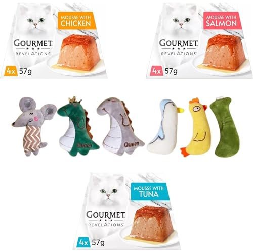 Gourmet Revelations Contains Wet Cat Food in Gravy - (3 x 4 Pack Total of 12 Portions x 57g) Mousse with Chicken, Mousse With Salmon & Mousse With Tuna Bundled with 1 Assortment Cat Toy
