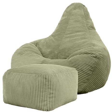 Icon Dalton Sitzsack mit Hocker Cord, Salbeigrün, Gaming Sitzsack Erwachsene mit Füllung, Bean Bag, Cord Sessel, Lounge Sessel, Lounge Stuhl, Schlafzimmer, Wohnzimmer, Wohnzimmer Möbel
