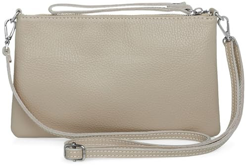 Caspar Kompakte Leder Clutch Damen Umhängetasche Abendtasche mit verstellbarem Schultergurt - CLASSIC LINE - Modell No.834 - Made in Italy, Farbe:taupe