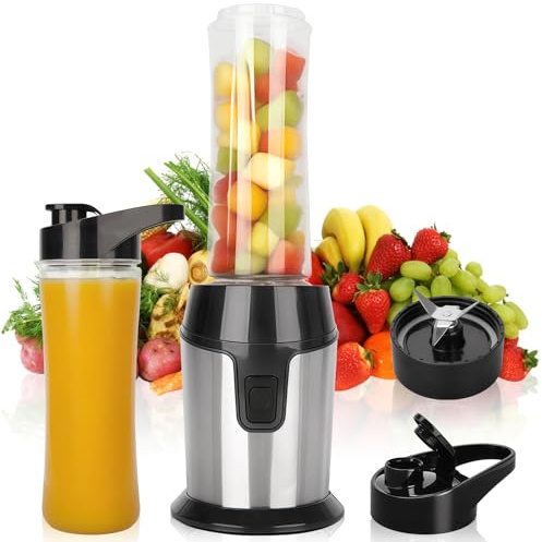 heuchaey Mini Blender Smoothie Électrique, Mixeur Blender Portable avec 2 Bouteilles BPA-Free Portables de 600 ml, avec 4 Lames en Acier Inoxydable, pour Smoothie Shake Fruits et Aliments pour Bébés