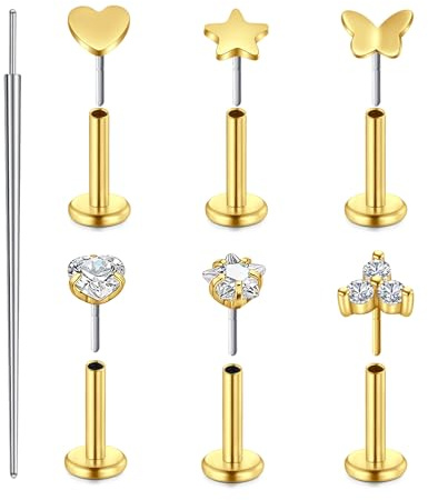 Longita 6 Stück Helix Piercings Ohr Chirurgenstahl Tragus Labret Piercing Monroe Medusa Nasenpiercing Stecker mit Herz, Schmetterling & Stern Hypoallergener Körperschmuck mit Zirkonia 6MM