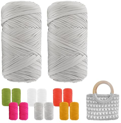 bechoanigel 2 Stück T-Shirt Garn,Tshirt Garn zum Häkeln (je 200g/75 m),Weiches Textilgarn Dicke Häkelgarn Tshirt Yarn für Häkeltaschen/Körbe/Teppiche DIY Projekte, Handarbeiten und Deko (Hellgrau)