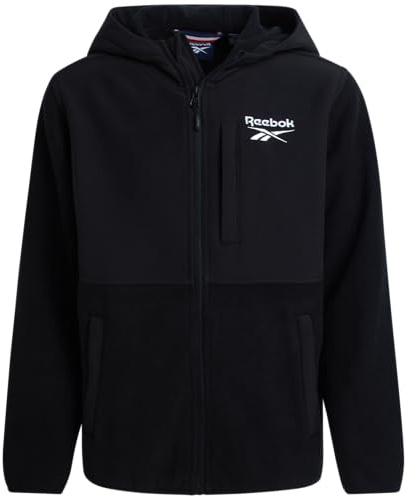 Reebok Fleecejacke für Jungen, wetterbeständig, mit Kapuze, durchgehendem Reißverschluss, Polar-Fleece-Jacke für Jungen, leichte Oberbekleidung, Schwarz (Black Ink), 14-16