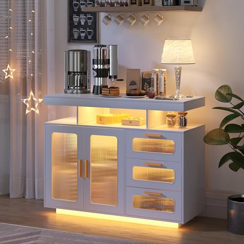 FREDEES Sideboard Cabinet with RGB Light & Charging Station, White