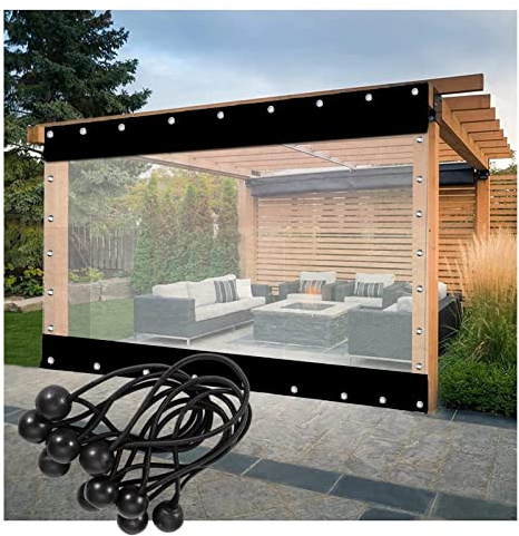 SAJMN Pannello in plastica Trasparente Impermeabile e Resistente per Esterni, Nero, con Occhielli per Tende Laterali da pergolato e terrazza, 2,8x3 m/9,2x9,8 Piedi