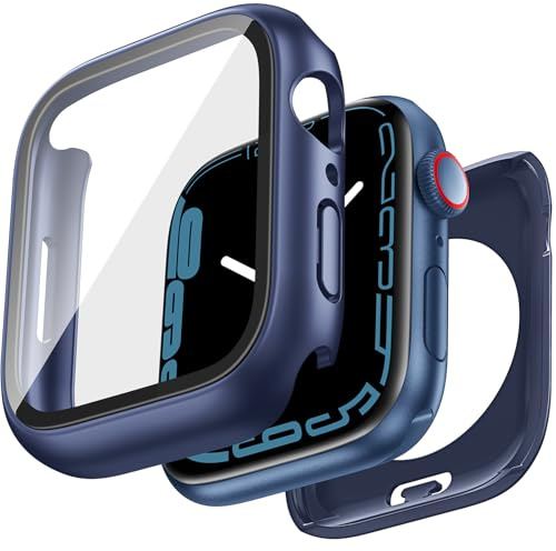 HWeggo [2 in 1] wasserdichte Hülle für Apple Watch Series 9/8/7 Displayschutzfolie 41 mm, 360°-Schutzhülle aus gehärtetem Glas, Stoßfänger für iWatch 9/8/7 Staubdicht und Kratzfest (blau)