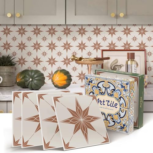 indabyo 12pcs Brown Star Stick on Tiles Self Adhesive Mosaic Backsplash | Kitchen Bathroom Wall Peel and Stick Tile Individual Vinyl Waterproof Sticky Tile Covers Decals (15x15cm, 6x6 inches)
