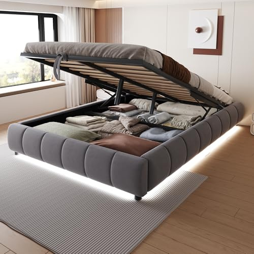 ZIDEY LED Polsterbett 140x200 mit Bettkasten, ohne Kopfteil, Schwebebettrahmen, Bettrahmen mit Lattenrost, Hydraulisch Doppelbett Stauraumbett, ohne Matratze, Grau