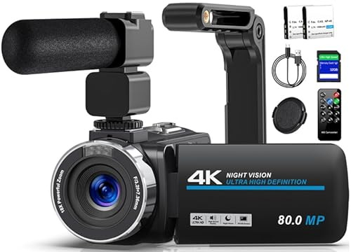 Caméscope 4K 80MP Caméra Vidéo pour YouTube,30FPS Webcam à Vision Nocturne IR Caméra, Zoom Numérique 18X de à Écran IPS 3.0 270° Vlogging Camera avec Carte SD,2 Piles,Télécommande et Handstabilisateur