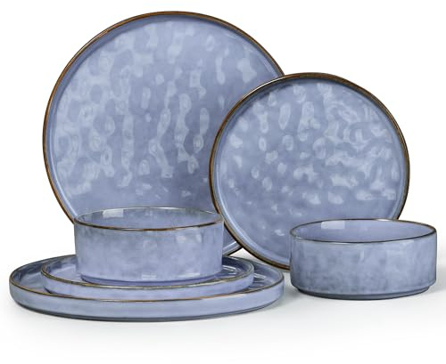 Herogo 6 Piece Dinner Set, Stoneware Dinnerware Sets for 2 People, Reactive Glaze Dining Plates and Bowls, Microwave and Dishwasher Safe, Chip and Scratch Resistant, Grayish Blue
