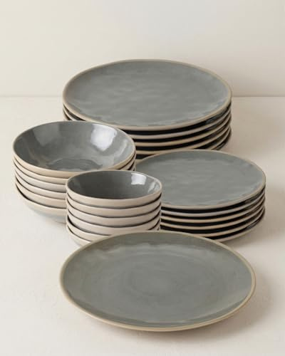 Albi Servizio Piatti 25 Pezzi in Porcellana Grigio Scuro con Bordo Naturale, Set Piatti Moderno per 6 Persone, Piatti Piani e Fondi, Adatto a Lavastoviglie, Microonde e Forno