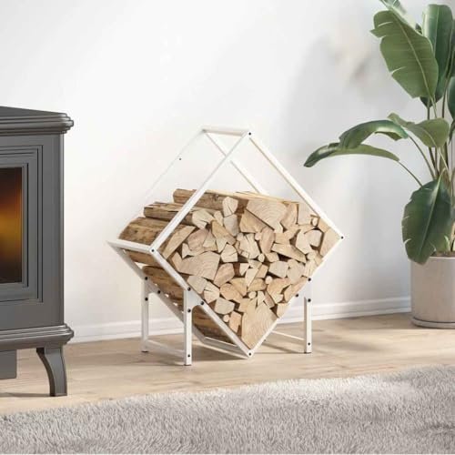 Ordellia Estantería para leña blanca de acero laminado en frío, 60 x 25 x 60 cm, 100 kg de carga, soporte para leña para interior, salón, horno, terraza, almacenamiento ordenado en invierno