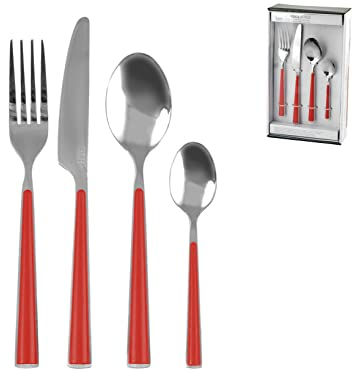 H&H 8003512594540 Servizio Posate 24Pz Manici Rossi Arredo Tavola, Acciaio Inossidabile, Rosso