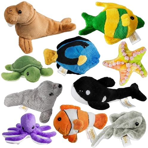 Prextex 10 Piece Plush Soft Stuffed Sea Animals Playset Plush Sea Life Assortment, Turtle, Stingray, Nemo Fish, Killer Whale and More! Excellent Stocking Fillers!