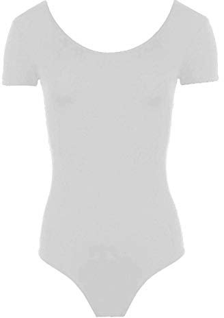 MA ONLINE Ladies Cap Sleeves Stretch Scoop Neck Bodysuit Womens Plain Leotard Sports Top White Medium/Large UK 12-14