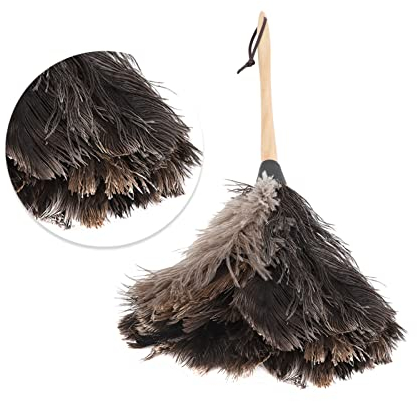 Ostrich Feather Duster,Household Handmade Washable Reusable Non Electrostatic Brown Fluffy Feather Duster with Wooden Handle,for Keyboard,Home,Car,Office