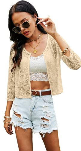 Ietaoo Boléro Femme Dentelle Cardigan Court avec Bouton Manches 3/4 Elégant Veste Boléro Gilet pour Été Printemps Automne