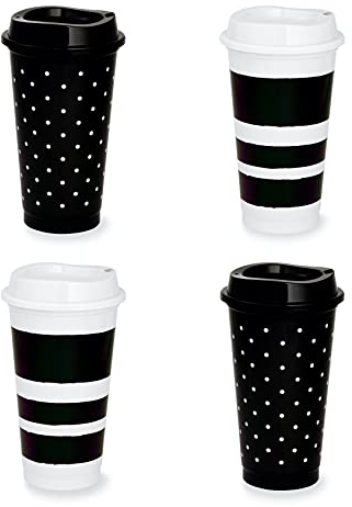 Kate Spade New York Schwarz-Weißer wiederverwendbarer Reisebecher, 4er-Set, 473 ml, BPA-freie Kunststoffbecher mit Deckel, Kaffeebecher für heiße oder kalte Getränke, Punkte und Streifen