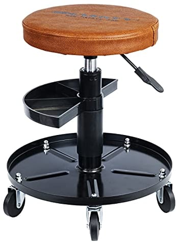 HASKYY Werkstatthocker Rollhocker | Höhe 430-580mm I Sitz Geleinlage | Werkstatt-Arbeits-Hocker-Stuhl-Sitz I 135kg | ø40 cm | 2 Ablagen