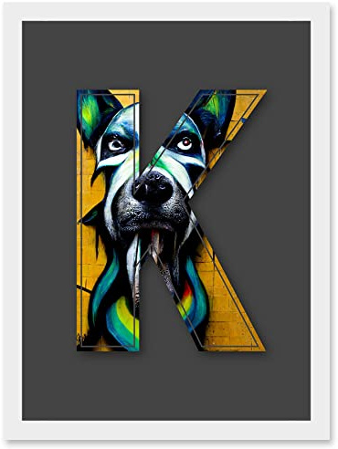 Wee Blue Coo Letter K Dog Face Yellow Decorative Graffiti Mural Alphabet Initial Stencil Artwork Framed Wall Art Print A4