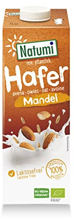 Natumi Bio Haferdrink Mandel, 8 x 1L - Laktosefrei, Ohne Zuckerzusatz, Bio, Vegan, Hergestellt mit europäischen Mandeln, Milchfreie milchfreie Alternative