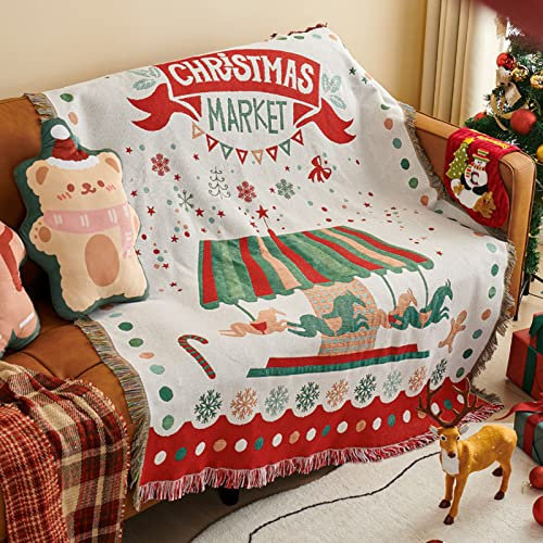 LumiSyne Weihnachts Dekorative Decke Baumwolle Gewebt Überwurf Mit Quaste Weihnachten Thema Jacquard Wandteppich Kuscheldecke Überwürfe Decke Für Bett Couch Sessel Camping Tischdecke Teppich 160x130cm
