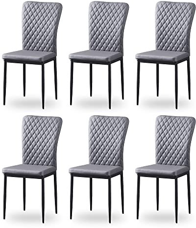 JaHECOME 6er Set Esszimmerstühle mit Kunstleder-Bezug, hoher Rückenlehne, Gitter Leichtbau Design, Essstuhl mit Metallbeine, für Esszimmer Küche Wohnzimmer (6, PU grau)