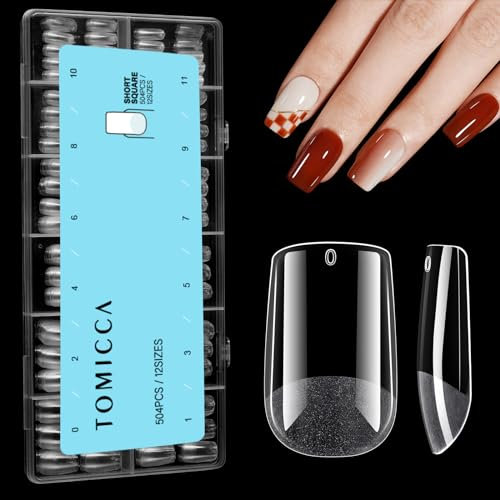 TOMICCA Square Nail Tips, 504PCS Clear False Nails, Full Cover Acrylic Fake Nails Extensions for Salon Professionals & Home Use, Long Lasting and Durable Manicure Kit for Women Girls 12 Sizes