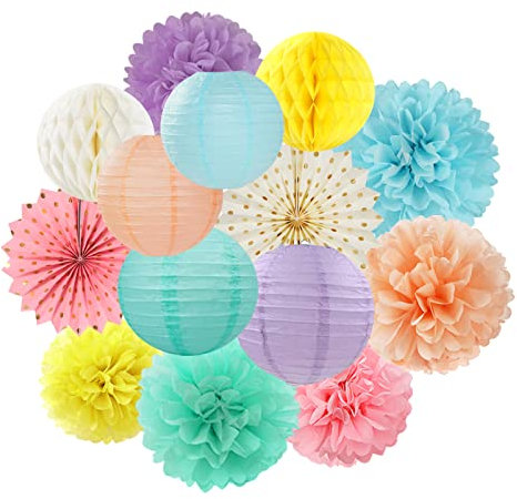 Pastel Rainbow Party Decorations Streamers - 14pcs Boy Girl Kids Birthday Supplies,Pink Yellow Blue Paper Lanterns Fan,Tissue Pom Poms,Honeycomb Balls, Baby Shower Wedding Decor Lasting Surprise