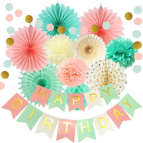 12 Stk.Mint Peach Creme Geburtstag Party Dekorationen Happy Birthday Girlande Papier Pompons Hängende Papierfächer Mintgrün Geburtstag Party Dekoration für Mädchen