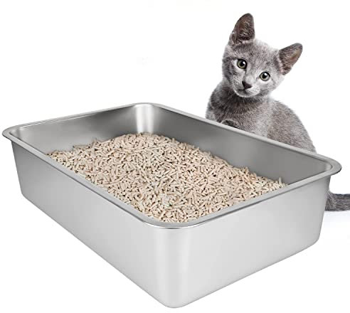 Caja de Arena para Gatos de Acero Inoxidable, Caja de Arena metálica para Gatos y Conejos, arenero Gatos Grande, no Absorbe olores, Superficie Lisa, Fondo de Goma Antideslizante, 19,5L x 13,5W x 4H