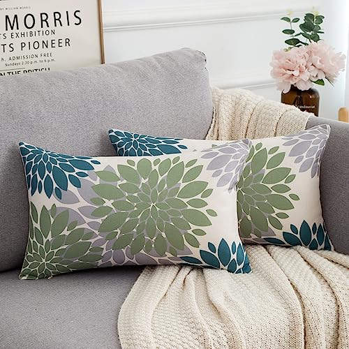 Kissenbezug 30x50 Blau Grün Grau Blume Outdoor Kissen Moderne Sofakissen Dekorative Kissenhülle Couchkissen Dahlie Quadratisch Leinen Geometrische Muster Zierkissen für Sofa Wohnzimmer Auto,2er Set