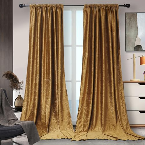 Rosnek Verdunklungsvorhänge Kräuselband,2 Stück Luxus Samt Vorhang Blickdicht Thermovorhang mit Multifunktionsband,übergardinen Blackout Vorhang Barock Deko,H244xB132CM,Gold