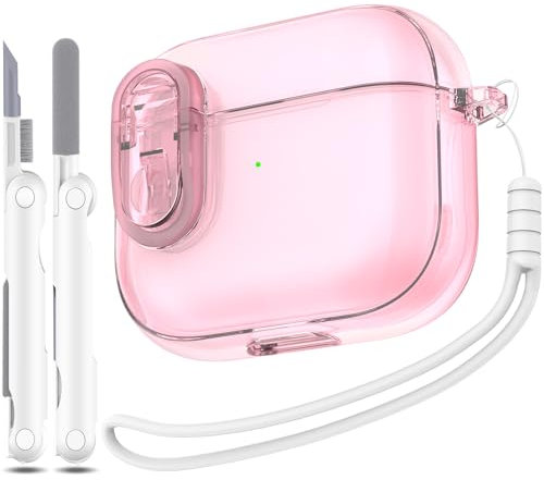 Custodia MHYALUDO per Airpods di terza generazione con chiusura sicura, compatibile con Airpods di terza gen 2022, custodia morbida trasparente antiurto con penna per pulizia con cordino,Rosa