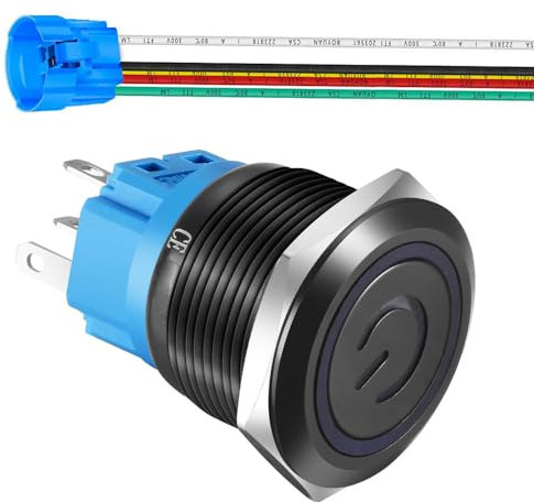 Geblidet Interruttore a Pulsante a scatto in Acciaio Inossidabile da 22mm 110V-220V/5A Simbolo di Alimentazione LED 1NO1NC SPDT Impermeabile con presa a filo Spina (LED blu/guscio nero)