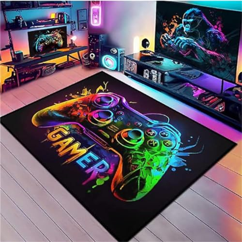 PEIHUODAN Bereich Teppiche, Neon Graffiti Teppiche, Gamer Spiele Teppiche, Kinder Teenager Home Decor Gedruckt Bereich Teppiche, Waschbar Anti-Rutsch-Spiel Bodenmatten Wohnzimmer (Farbe 1,140x200cm)