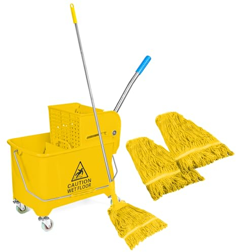 Curvaso 20L Yellow Kentucky Mop Bucket & Wringer System with Wheels | Includes 2 Mopping Heads & Handle Holder | Commercial & Home Floor Cleaning