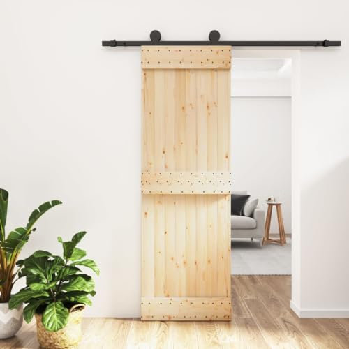 Baziroo Schiebetür mit Beschlag Schwarz 70x3,6x210 cm Massives Kiefernholz und Stahl Schibetür Wohnzimmertuer Zimmertür Holz Zimmertüren Scheunentor Holztuer Innentüren Schwebetür Sliding Door