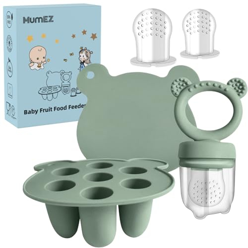 MumEZ Baby Fruit Feeder Pacifier - Convenient Baby Food Feeder Set,Baby Food Dummy Feeder, Baby Food Freezer Trays Included(Sage)
