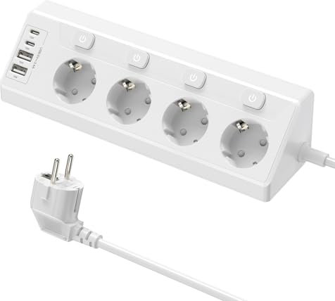 Ecksteckdose mit USB, 4 Fach Steckdosenleiste mit Schalter, Mehrfachsteckdose Steckerleiste mit 2 USB und 2 Type-C, 8 in 1 Überspannungsschutz mit 2M Kabel für Smartphones Tablets, Hause, Weiß