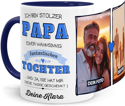 Tassenliebling® Tasse Papa mit Fotos und Sprüchen und Namen personalisiert - Stolzer Papa einer fantastischen Tochter - Blau - Fototasse mit eigenen Bildern selbst gestalten - Vatertagsgeschenk