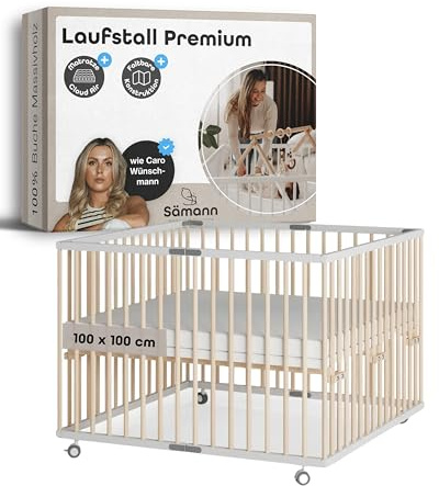 Sämann Laufstall faltbar Baby 100x100 cm mit Cloud Air Matratze | stufenlos höhenverstellbar | Laufgitter Premium | Babybett aus Holz | Krabbelgitter weiß/natur